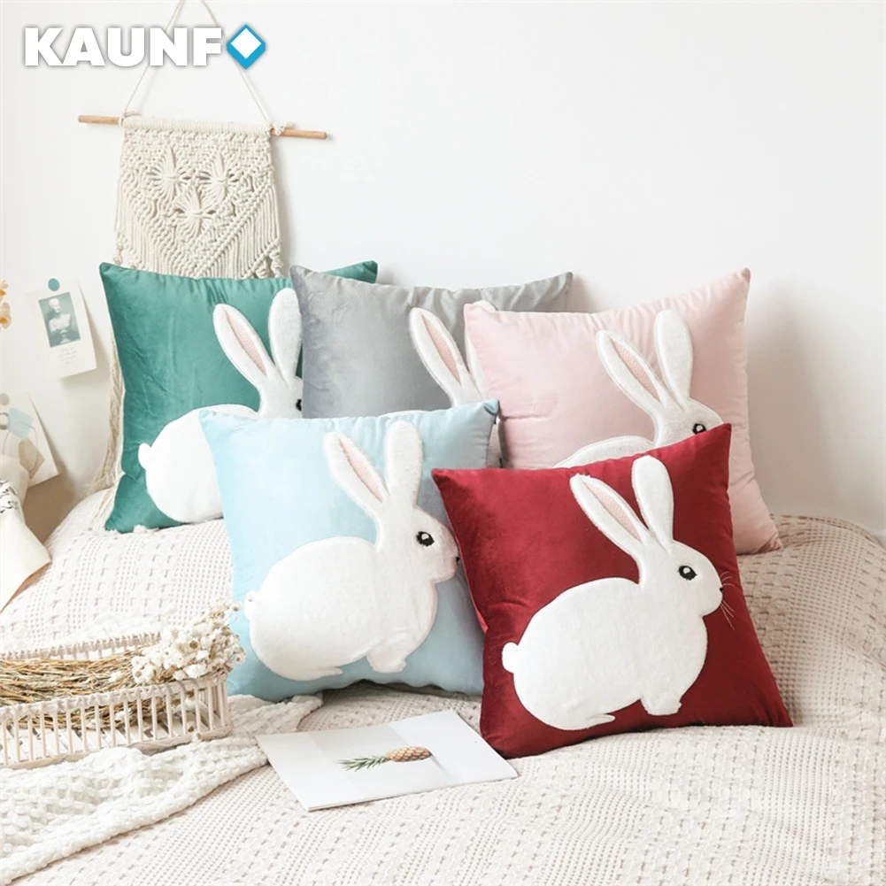 KAUNFO Cartoon Cute Rabbit Embroidered Sitting Cushion Covers Decorative Pillow Cases for Sofa Home Pillow Cover 45*45