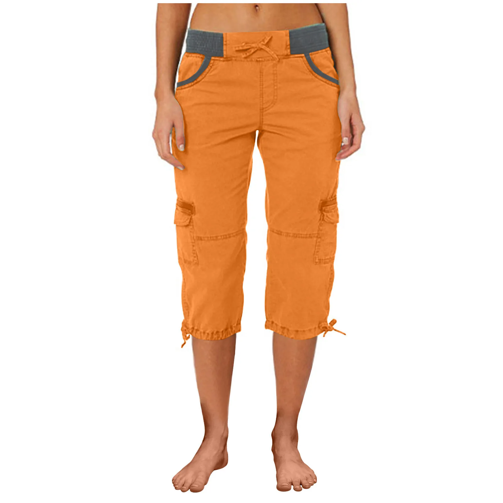 2026 Women's Summer Casual High Waist Drawstring Pocket Workwear Pants Solid Loose Wide Leg Extendable Cuffs 7-inch Pants Female