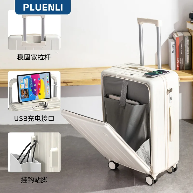 pluenli-luggage-case-men-large-capacity-cup-holder-universal-wheel-trolley-case-sturdy-usb-charging-port-women-travel-suitcase