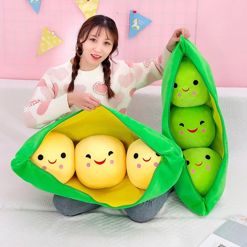 

New 25cm Cute Pea Pod Pea Shape Plush Plant Doll 3 Beans With Cloth Box Creative Plush Toy 2 Color Pillows