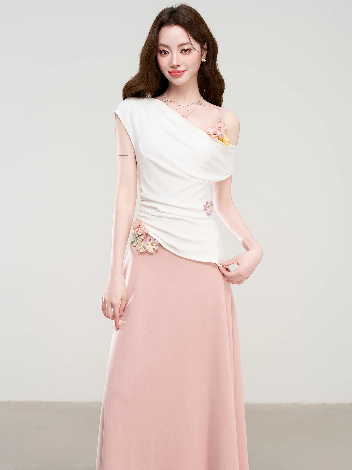 

Vacation Style Fake Two-Piece Dress Shoulder Bared Waist-Cinched Slimming Long Dress Elegant A-Line Skirt for Women