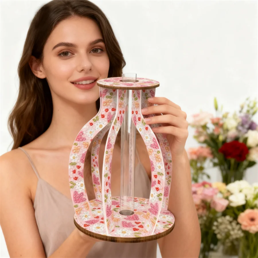 

5D DIY Pink Diamond Painting Flower Vase Tabletop Ornament Wood Diamond Painting Flower Vase Kit Desktop Diamond Art Decorations