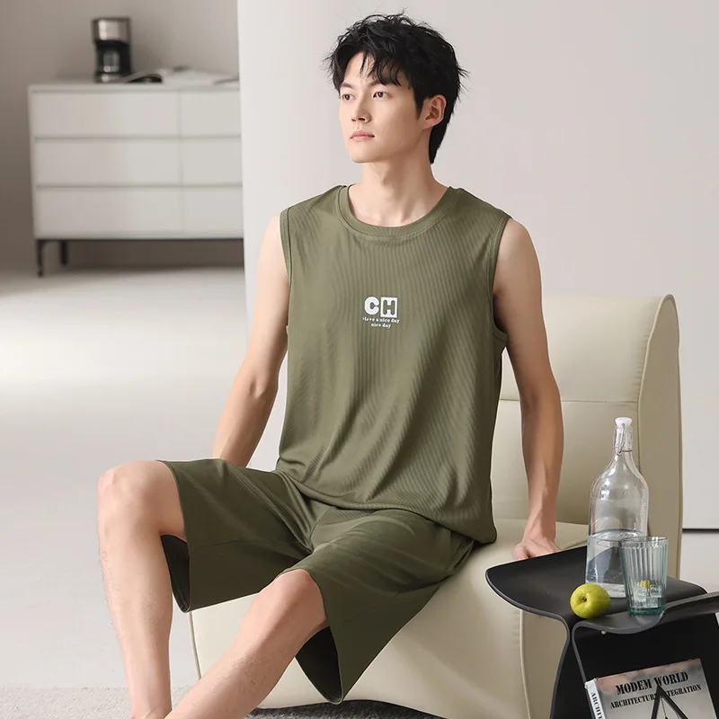 2Pcs/set Men's Ice Silk Nightwear Summer O Neck Sleeveless Shorts Loungewear Big Size L-3XL Pjs Pyjamas Hombre Pijamas Dropship