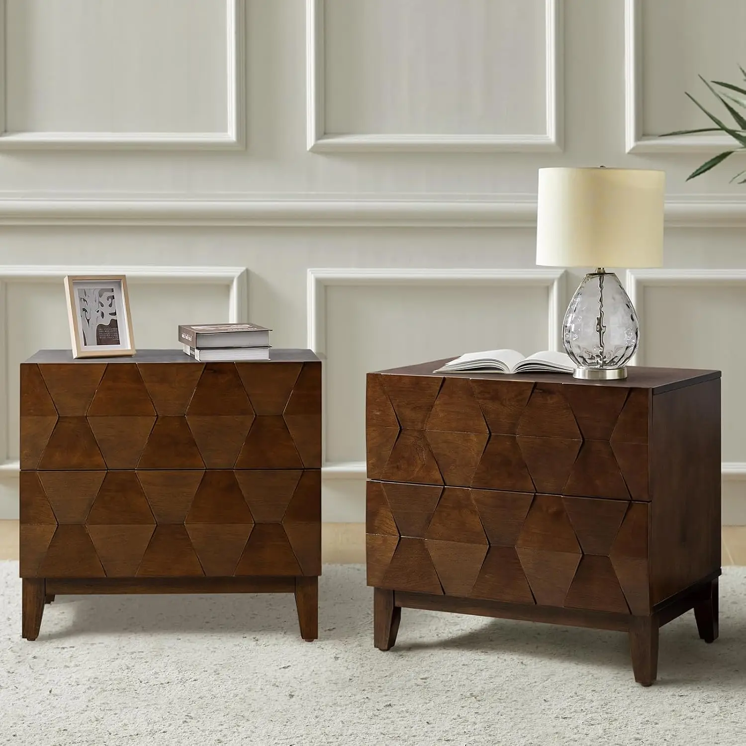 Wood Nightstand Set of 2 with Charging Station, 2-Drawer Dresser with Wooden Legs, Mid-Century Modern Bedside