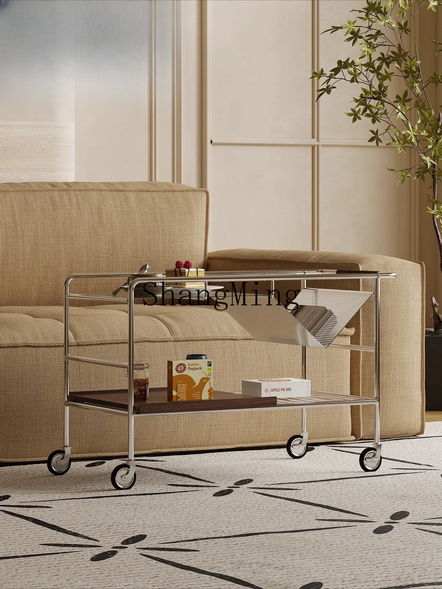 

CL Retro Stainless Steel Sofa Side Table Movable Creative Living Room Small Trolley Storage Rack