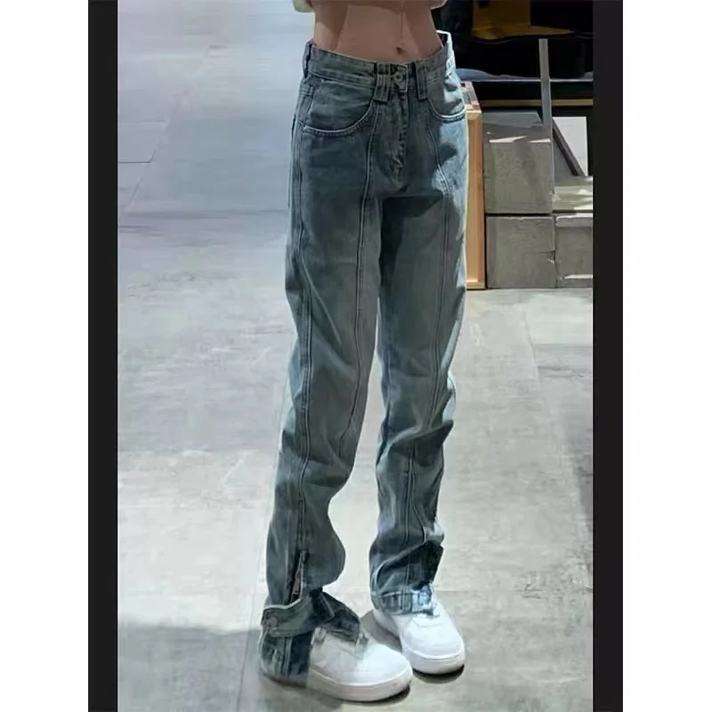 High Waist Zipper Fly Bell Bottom Jeans Women's Spring Autumn New Style Slimming American Micro Flared Split Denim Pants