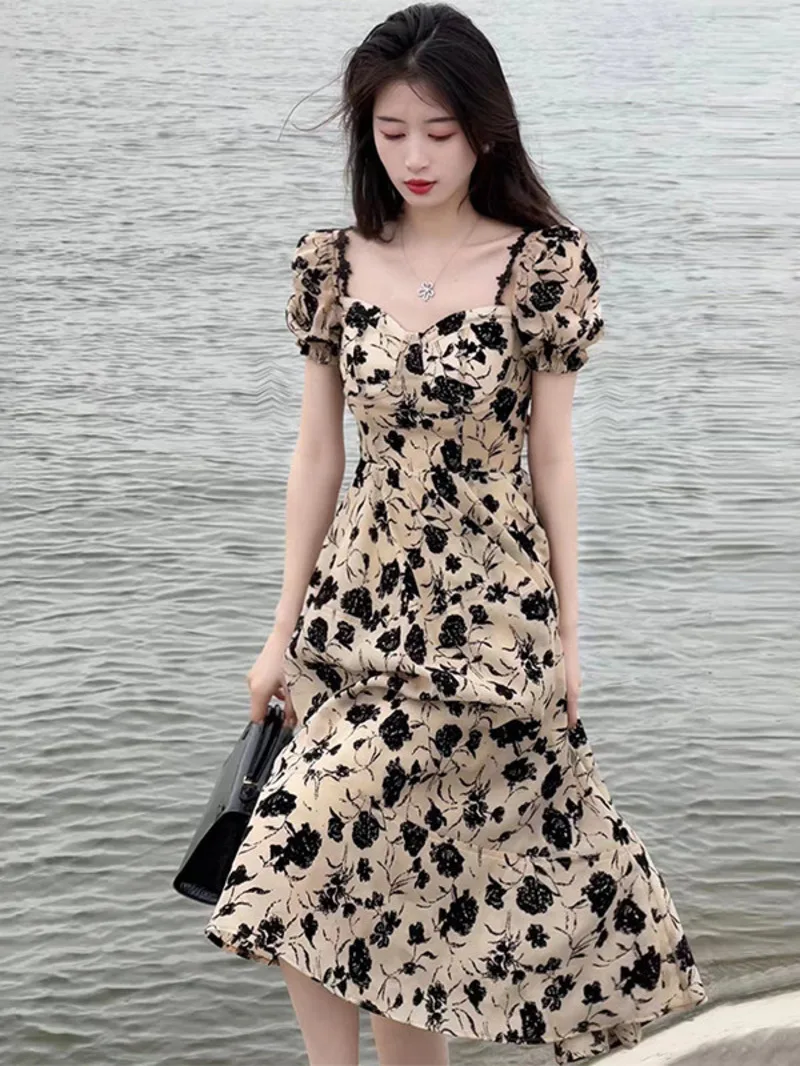 Dry Rose Hepburn Style Style Dress French High Waist Skirt Design with Unique Tea Break Fragmented Flower Long Dress Women 49IO