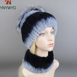 New Style Women Warm Rex Rabbit Fur Hat Scarf Sets Winter Natural Rex Rabbit Fur Cap Scarves Lady Knit Fur Hats Muffler 2 Pieces