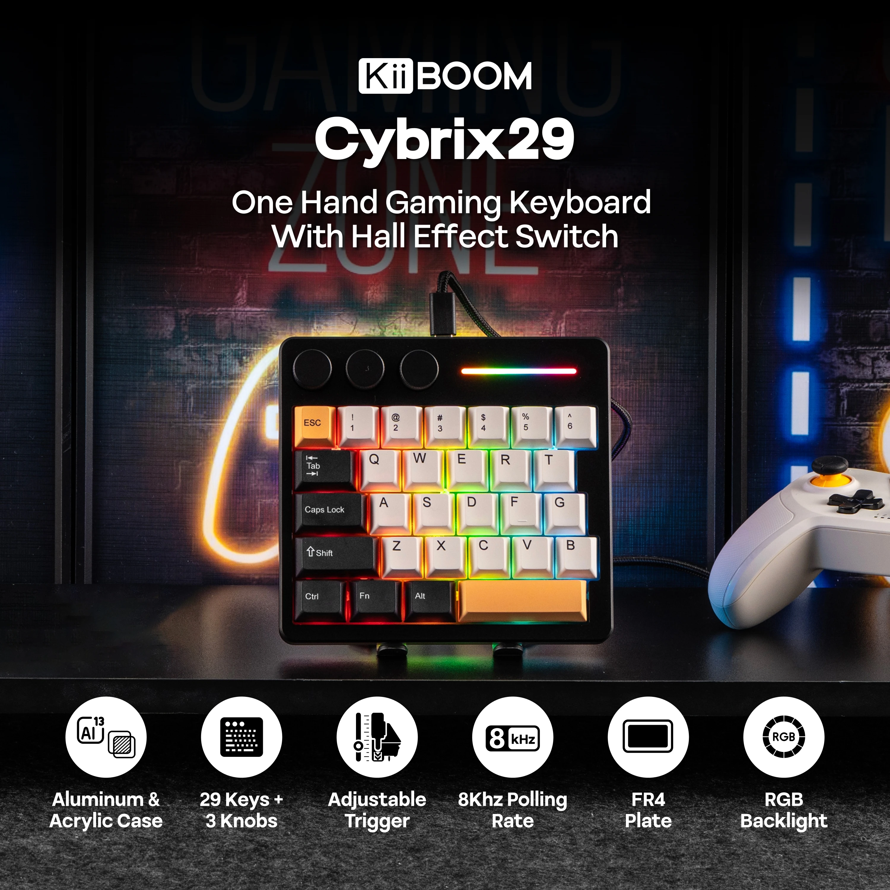KiiBOOM Cybrix 29 29 Keys+3 Knobs Wired One Hand Gaming CNC Aluminum & Acrylic Keyboard with Hall Effect Switch RGB Backlight