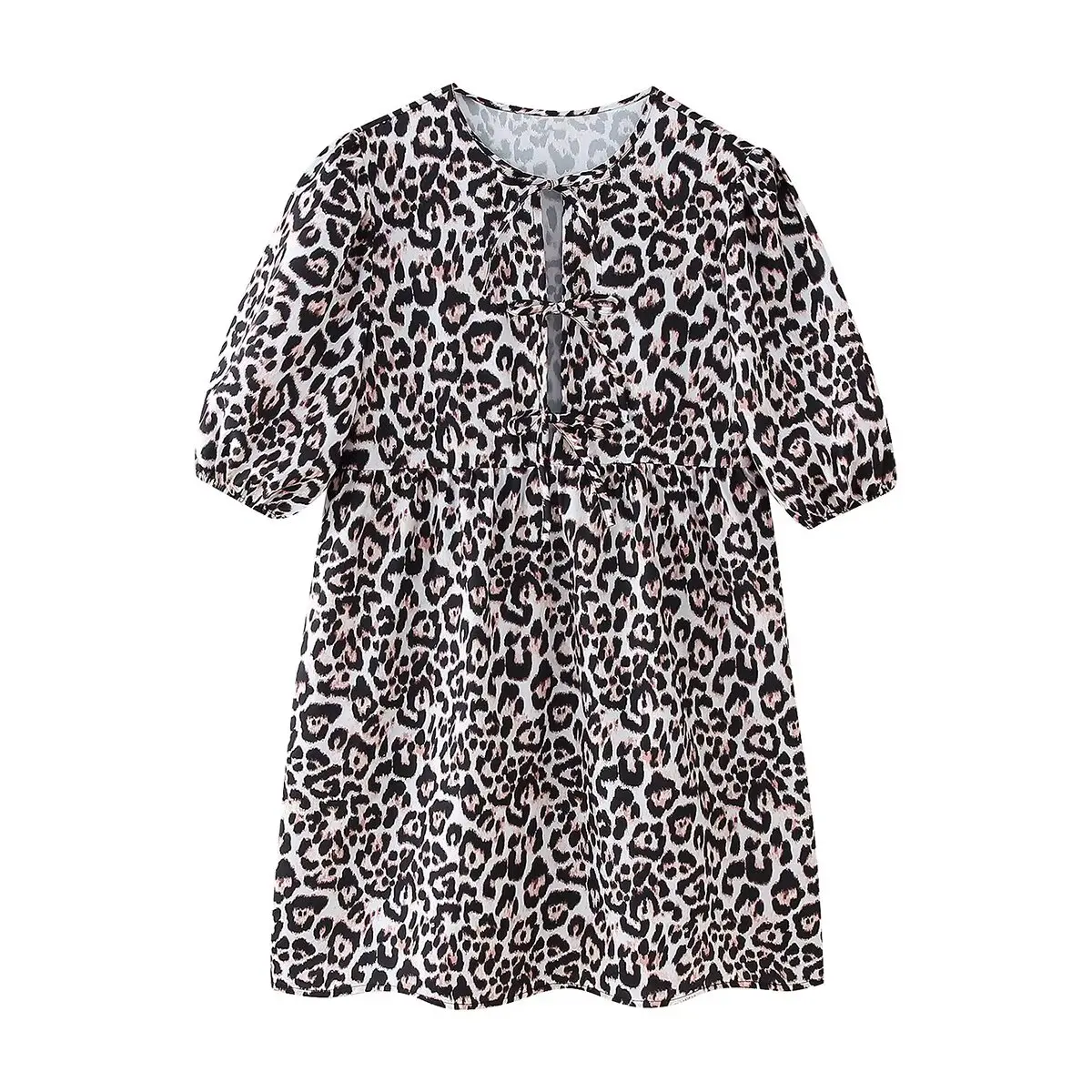 Tangada 2024 Summer Women Leopard Print Mini Dress With Bow Ladies Short Sleeve Dress CE043