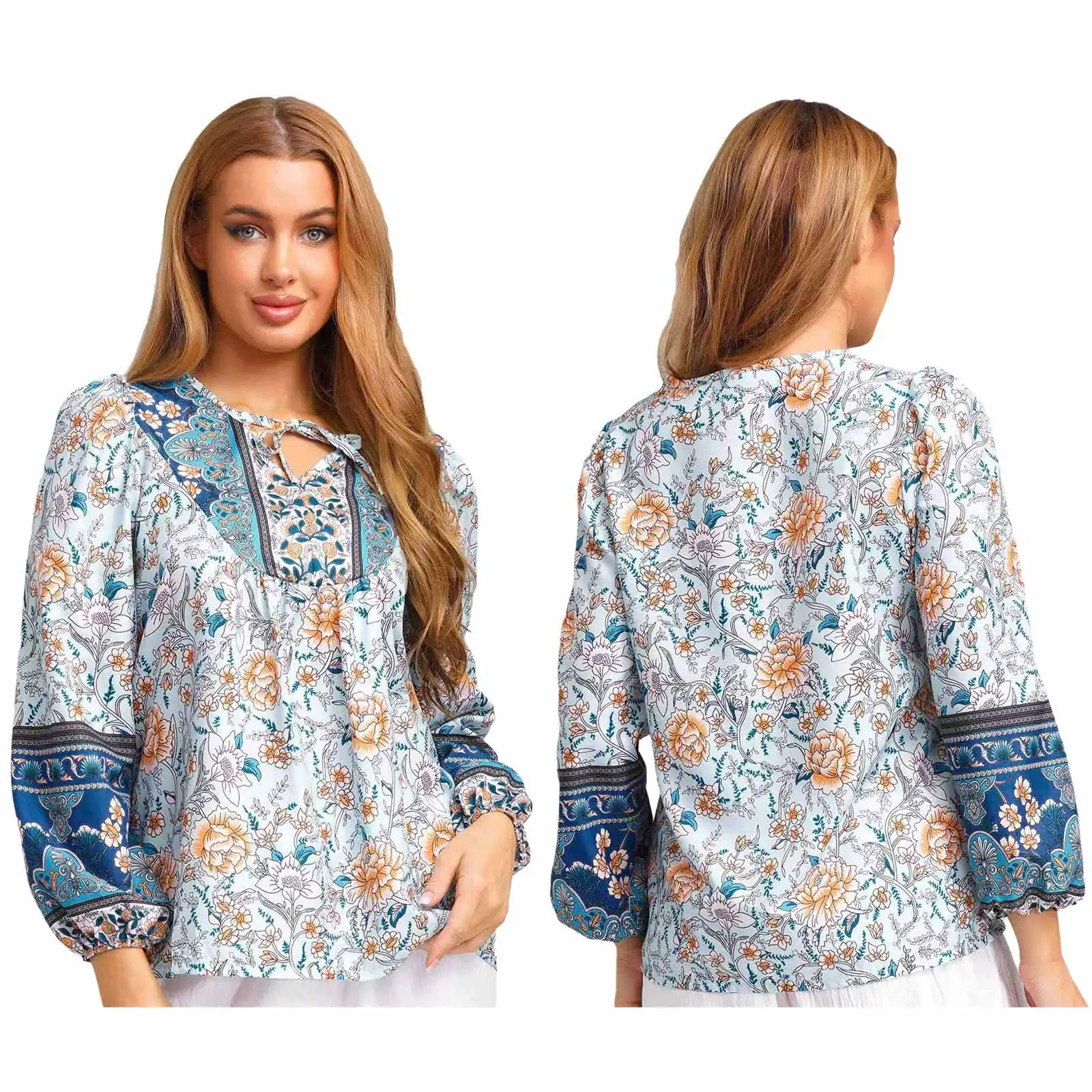 المرأة المألوف بوهو الخامس الرقبة طويلة الأكمام نمط الأزهار الذاتي تعادل حزام فضفاض تونك بلوزة غير رسمية القمم لقضاء عطلة ارتداء اليومي