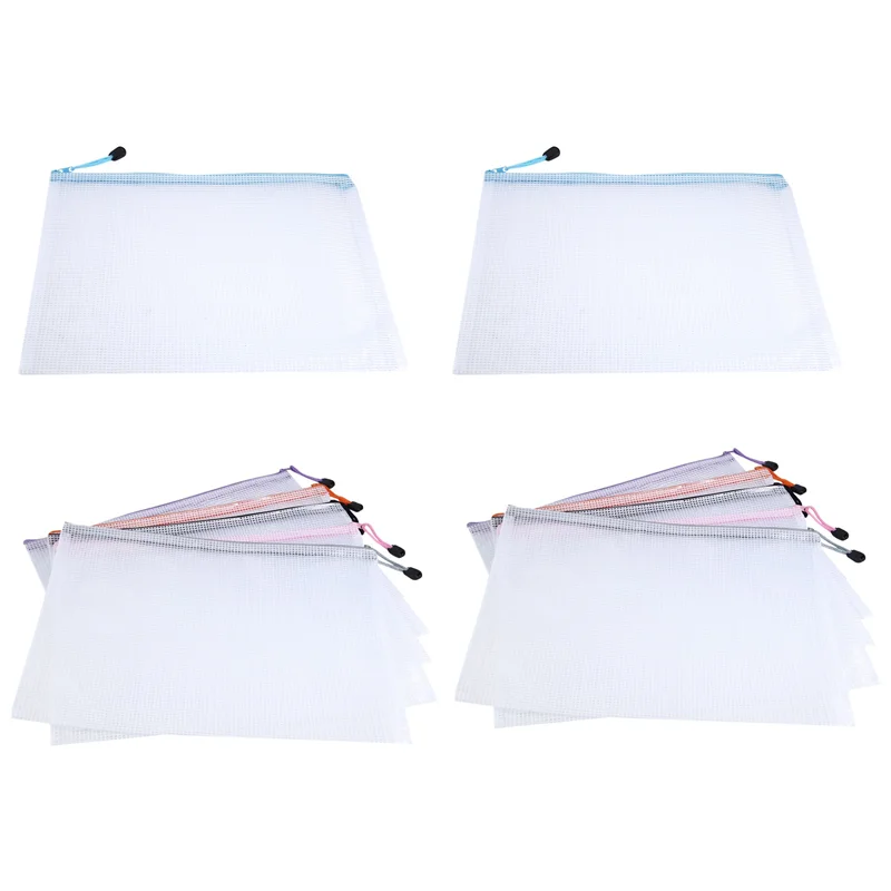 

12PCS A4 Plastic Zip Wallets A4 Zip Lock Bags Mesh Zipper File Bags Document Folders Waterproof Travel Storage Pouch