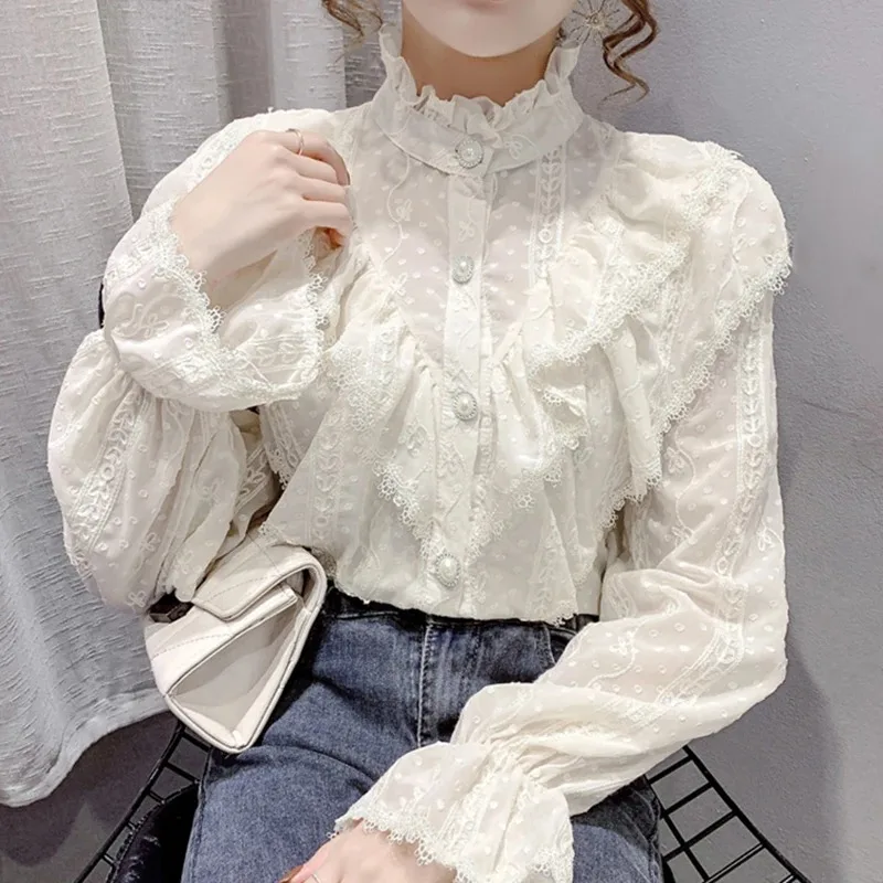 Vintage Ruffled Lace Shirt Women Long Sleeve Tops Loose Elegant Blouse Women Stand Collar Slim White Casual Blouses Blusa 15832