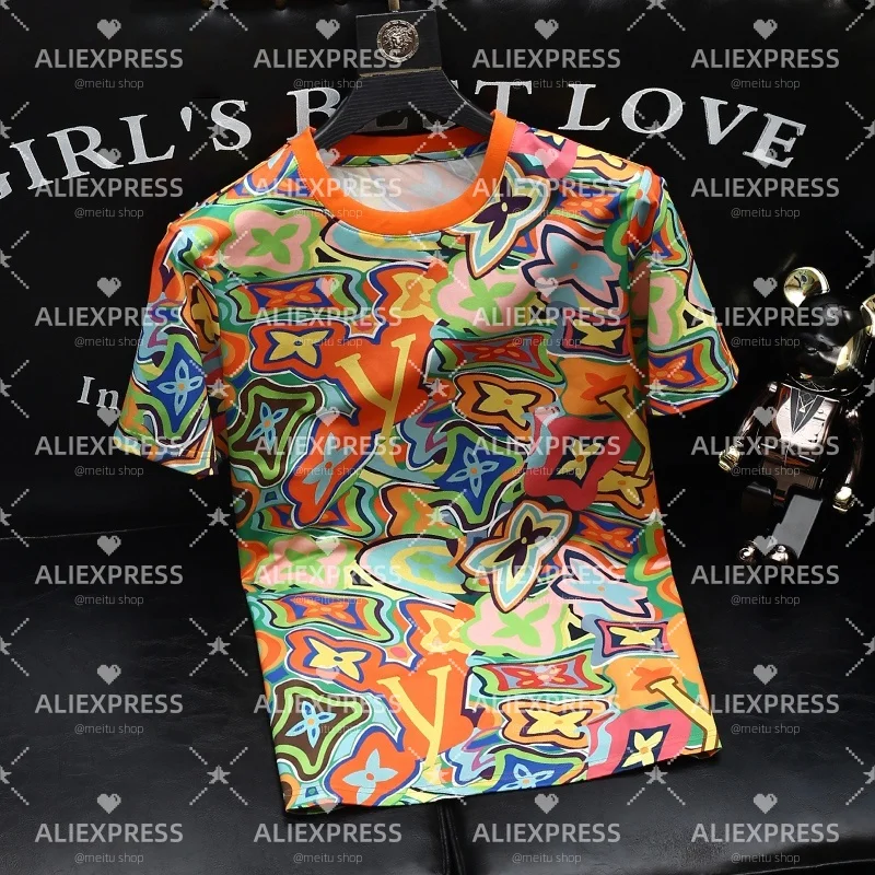 

2025 New Quick-drying Light Luxury Men's Summer Wear New Short-sleeved Top Trendy Printed Letter Round Neck T-shirt Moto