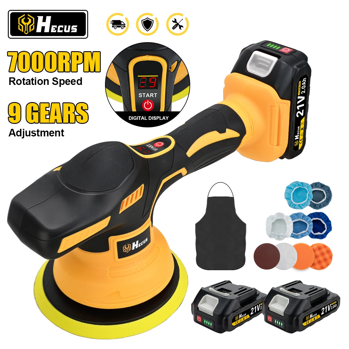 Hecus Elektrischer Autopolierer, 9 Gänge, kabellos, Digitalanzeige, automatisches Polieren, Wachsen, rotierendes Elektrowerkzeug für Makita 18V Akku-Pin