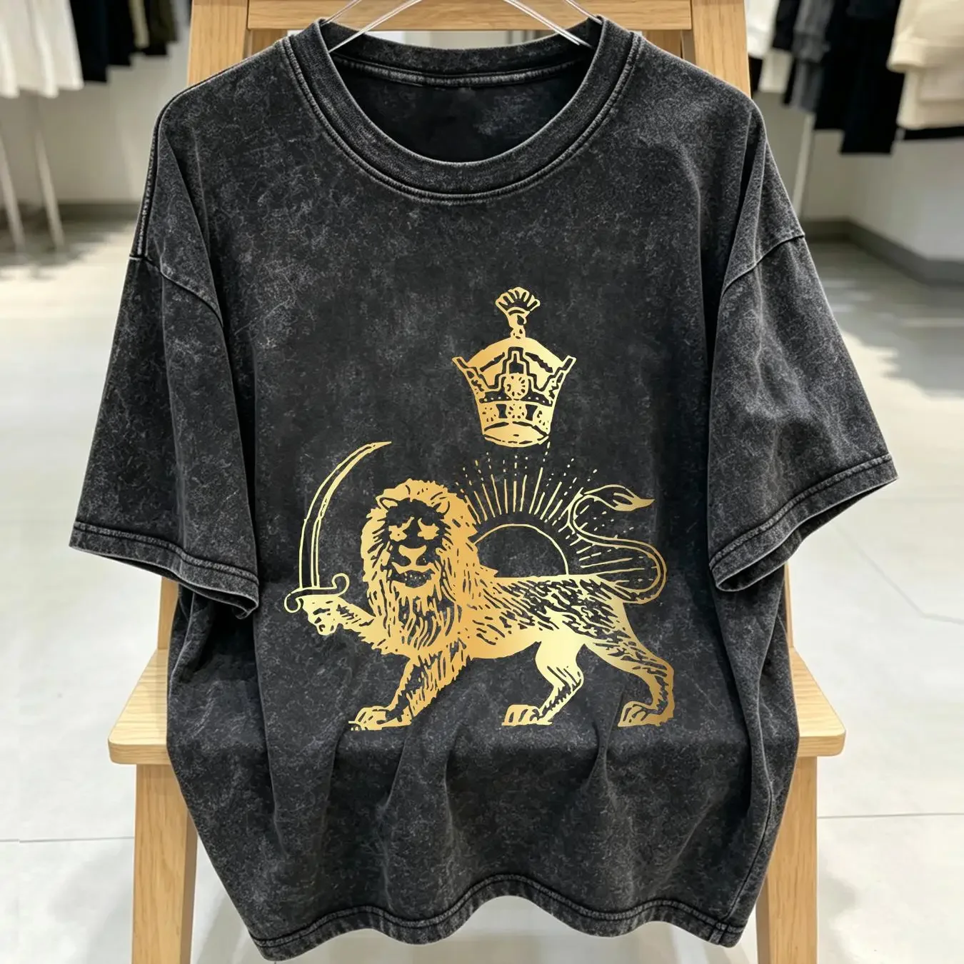washed T Shirt Persian Flag Iranian Lion Sun and Crown Iran Persia Size S 5XL vintage Washed fashion Stretched Versatile Soft