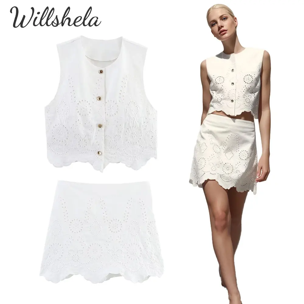 

Willshela Women Fashion 2 Pieces Sets White Embroidery Hollow Out Vest and Skort Female Chic Lady Waistcoat and Skirt suits