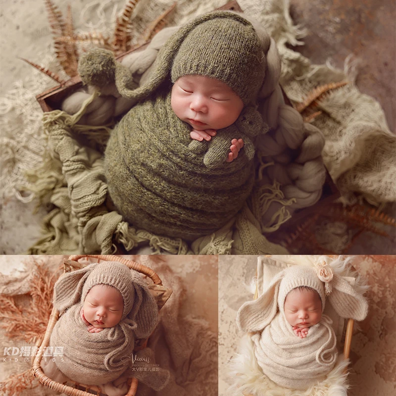 

INS Style Baby Knitted Bunny Ear Hat + Wrap Swaddle Newborn Photography Outfit Neutral Tones Shooting Costumes and Matching Doll
