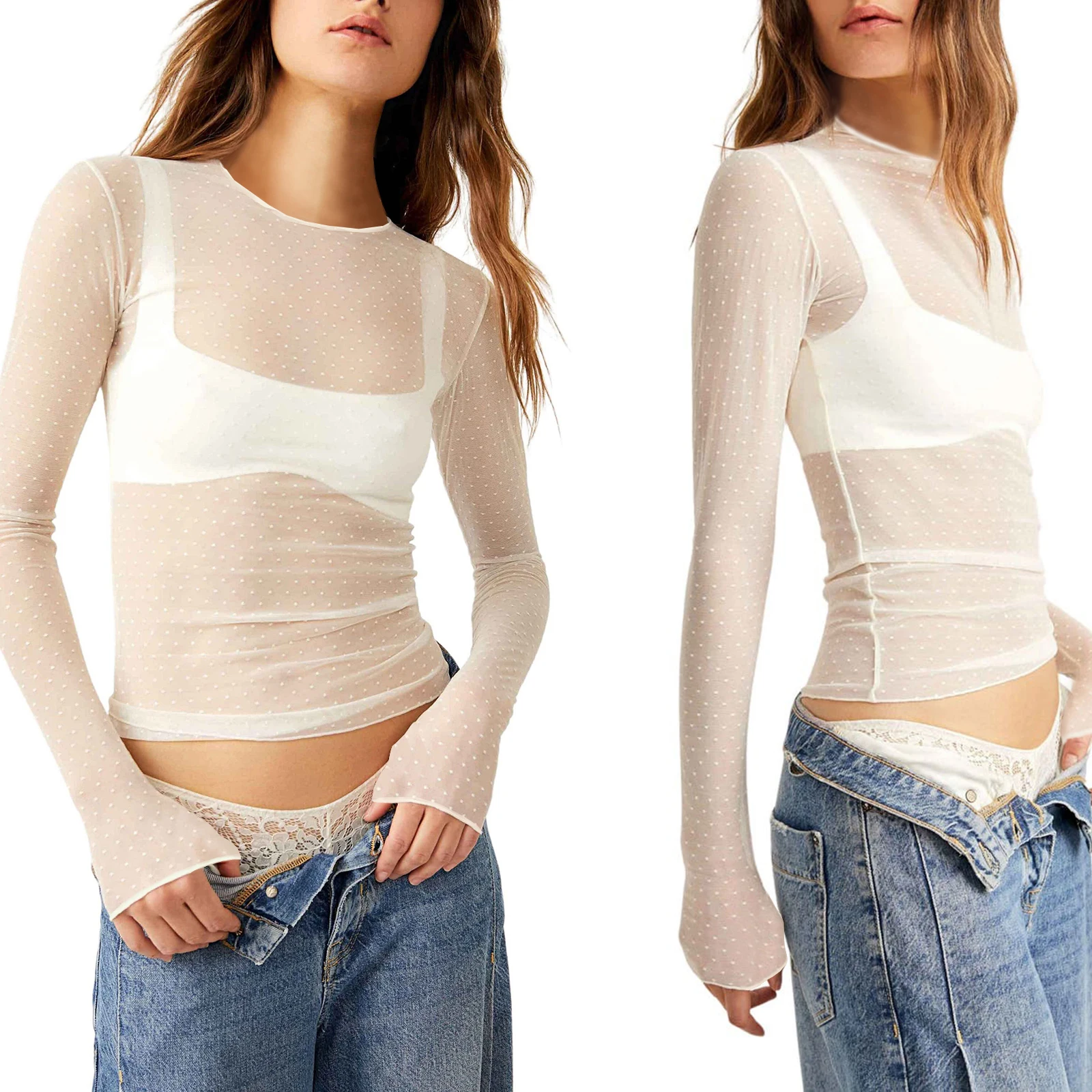 Women Long Sleeve T-shirt Casual Crew Neck Dots See-through Slim Fit Sheer Tops Baby Tees Y2k Club Streetwear