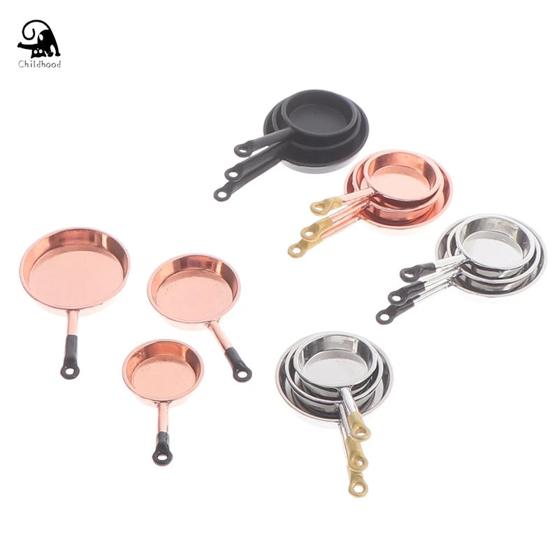 3 pçs 1/12 casa de bonecas em miniatura acessórios mini panela metal simulação móveis cozinha pan modelo brinquedos para decoração casa boneca