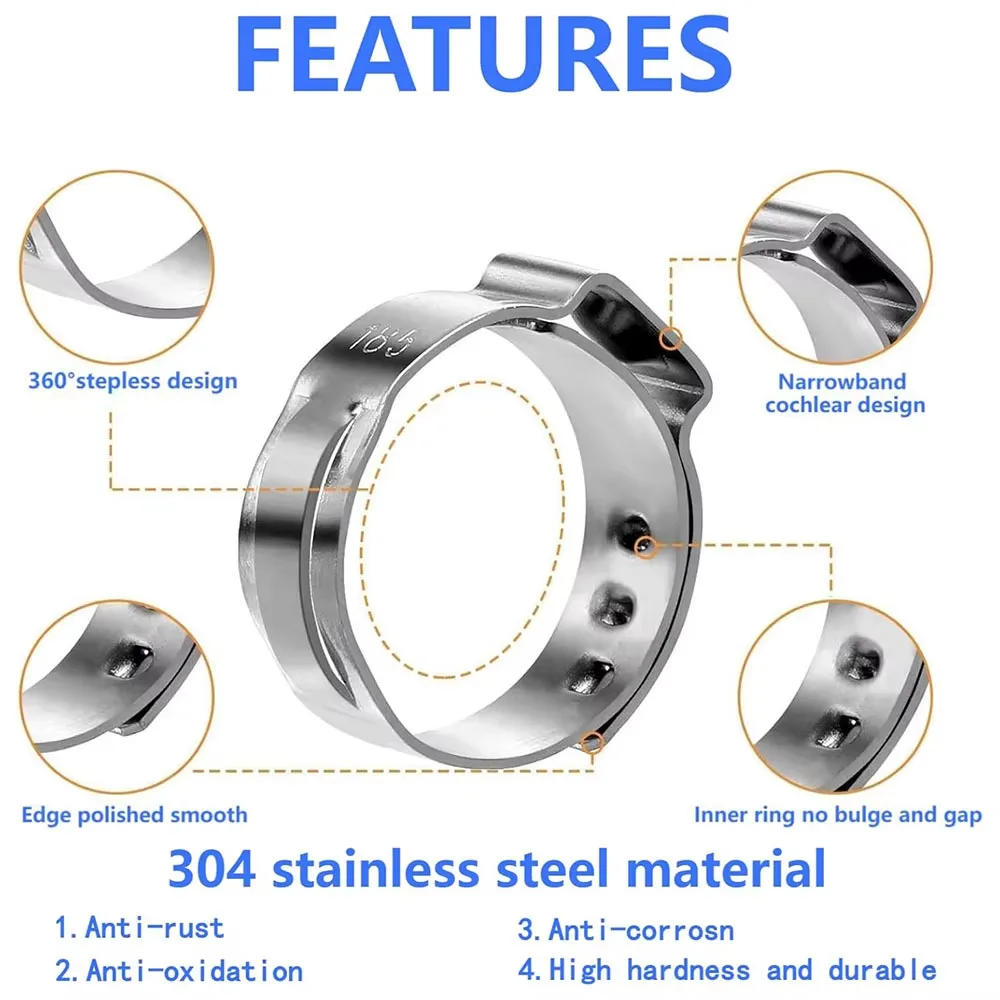 50pcs Hose Clamps Single Ear Stepless 5.3mm-33.1mm 304 Stainless Steel Hose Clamps Cinch Clamp Rings for Hose Pipe Clamp Tools