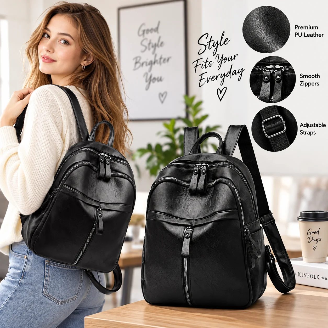 Simple PU Leather Women Backpack Black Large Capacity Shoulder Bags Waterproof Travel Bag Gift
