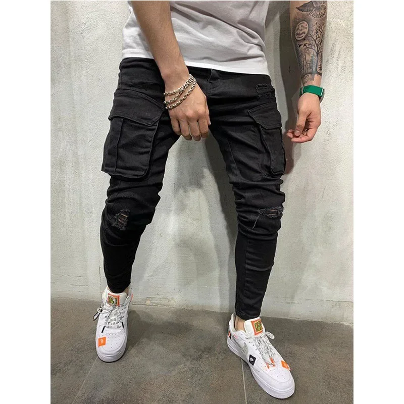 

Jeans Men Fashion Mens Slim Fit Solid Color Multi Pockets Black Trousers Denim Casual Pencil Jogger Cargo Pants S-3XL