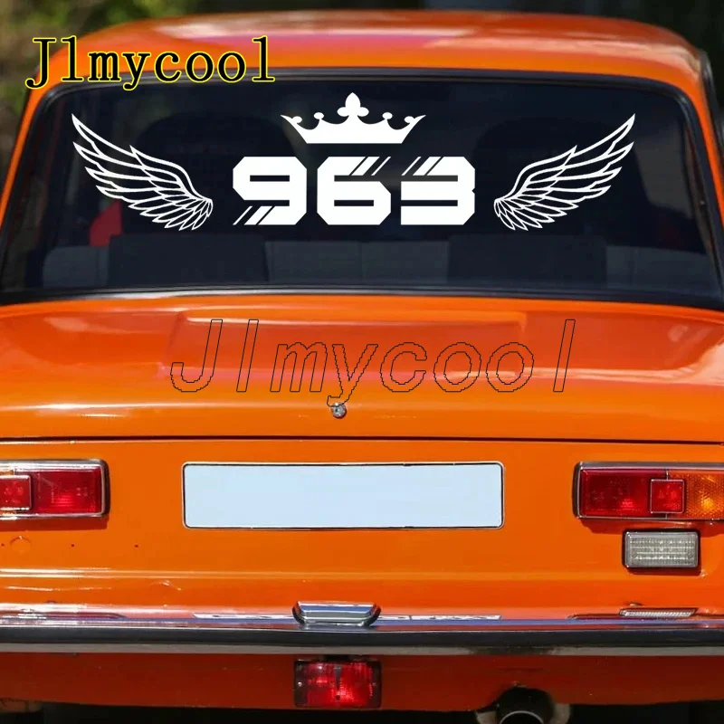 Nummer 963 mit Kronen- und Flügelmuster, Autoaufkleber aus Vinyl für die Heckscheibe, Autotür und Heimwanddekoration