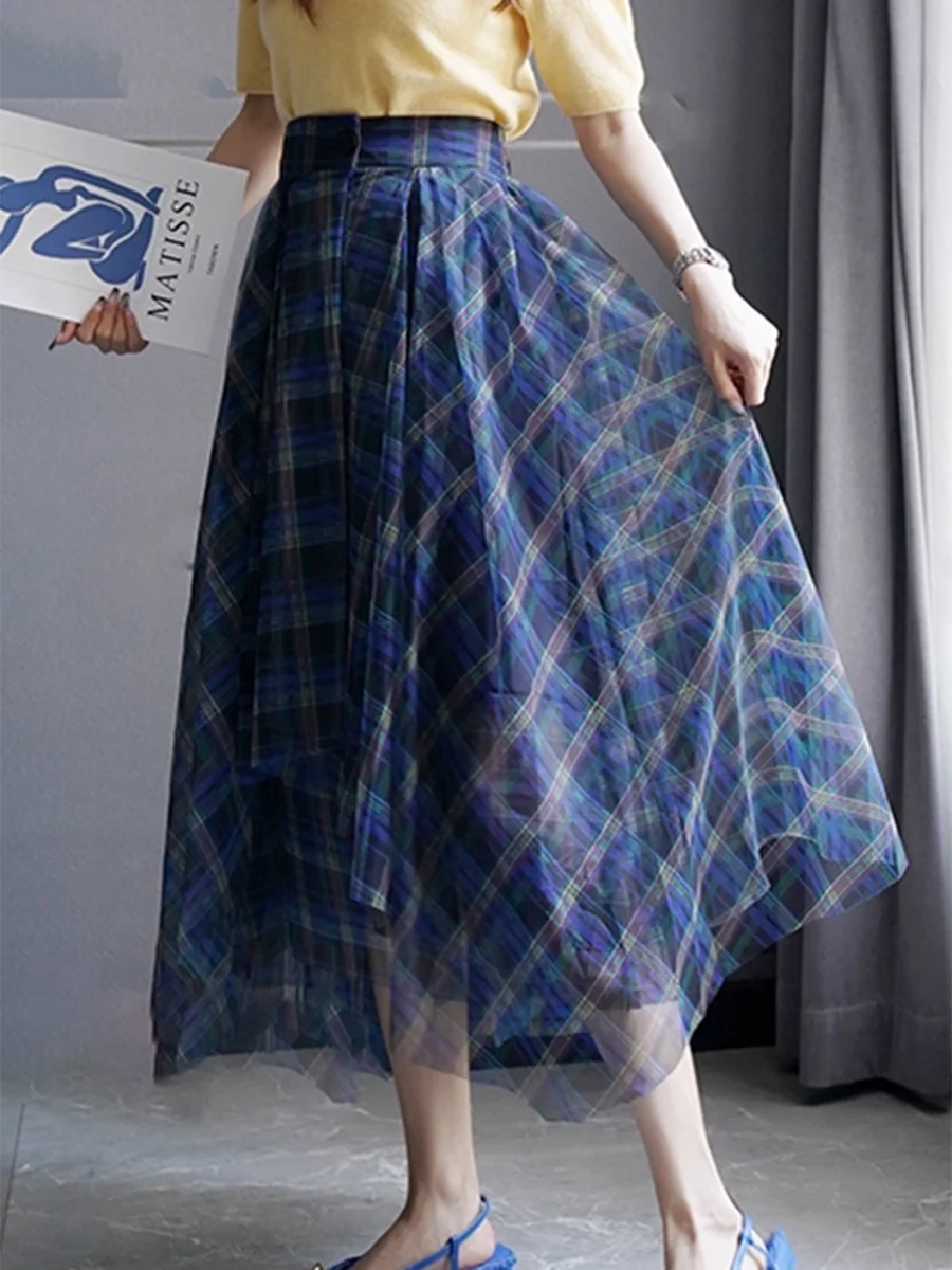 TWOTWINSTYLE Moda Blu Plaid Gonne irregolari per le donne Vita alta Patchwork Bottone Elegante Maglia Gonna lunga Abbigliamento femminile