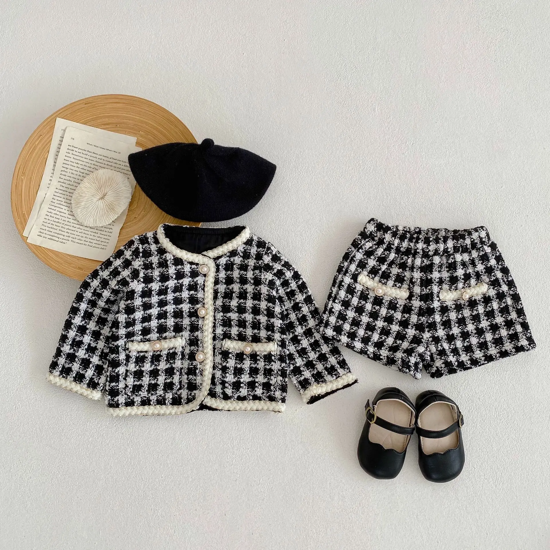 Instagram Spring and Autumn Clothing Infant and Toddler Girl Baby Thick Plaid Long sleeved Shirt Open Coat+Short Pants Two Piece