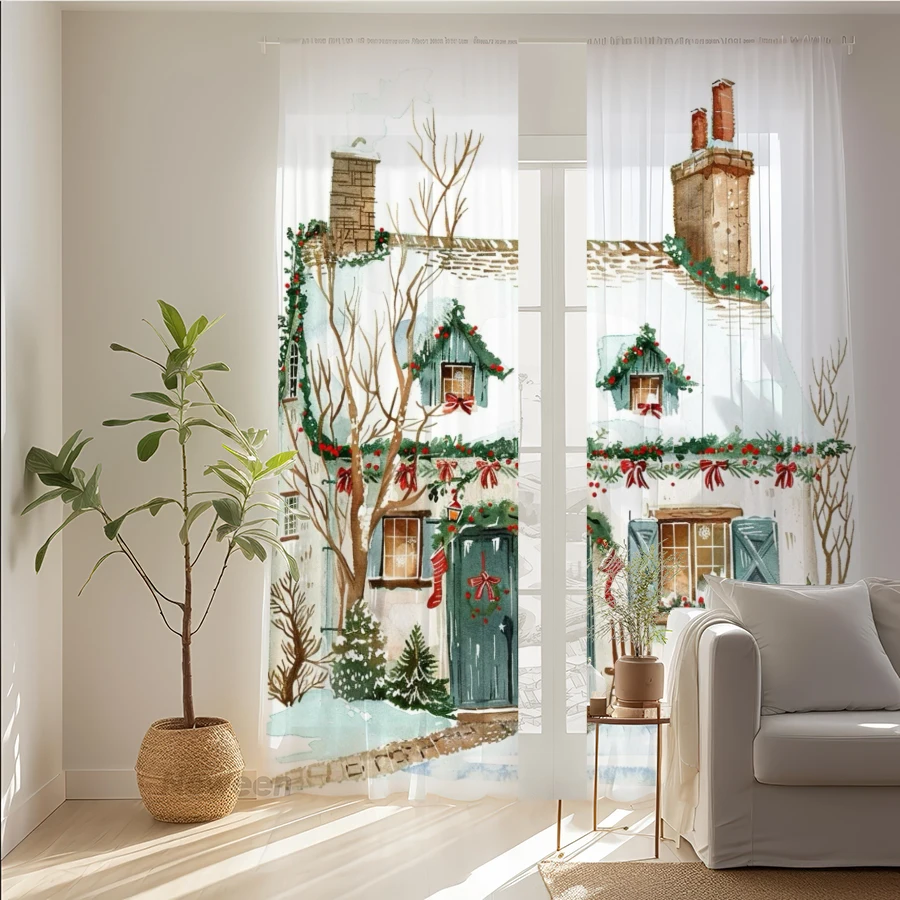 2PCS Christmas Winter Sheer Curtains, Christmas Cottage, Digital Print, Bedroom Living Room, Rod Pocket Polyester, Home Decor