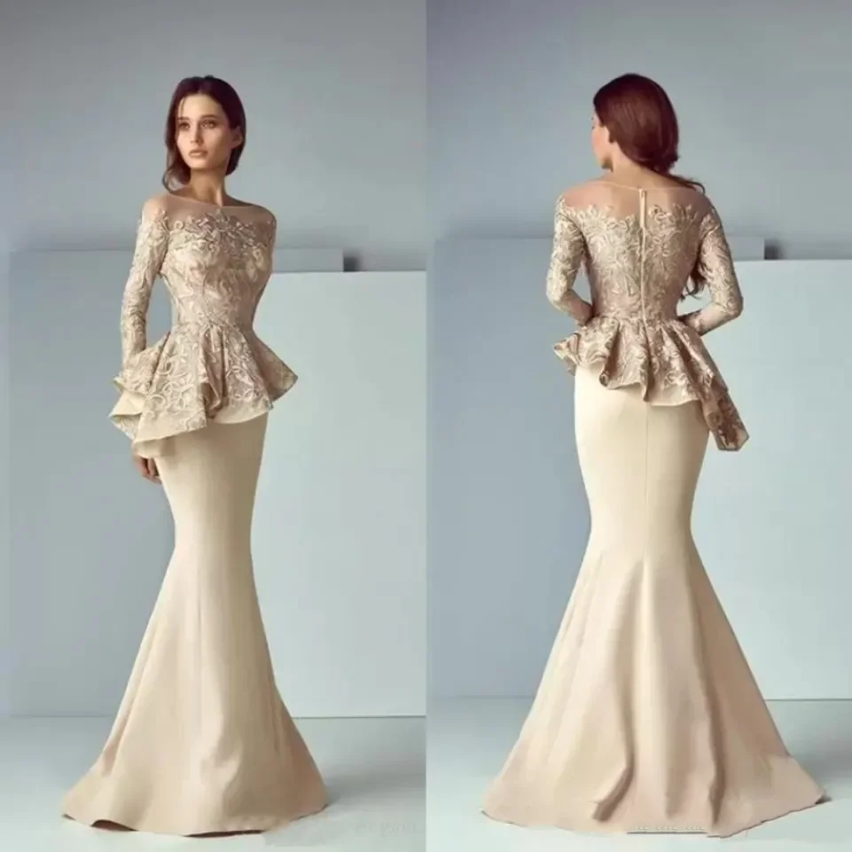 Lace Satin Long Sleeved Evening Gown Champagne Beaded Round Neck Fake Two-piece Dress Beaded Formal Dance Mermaid Gown Customize