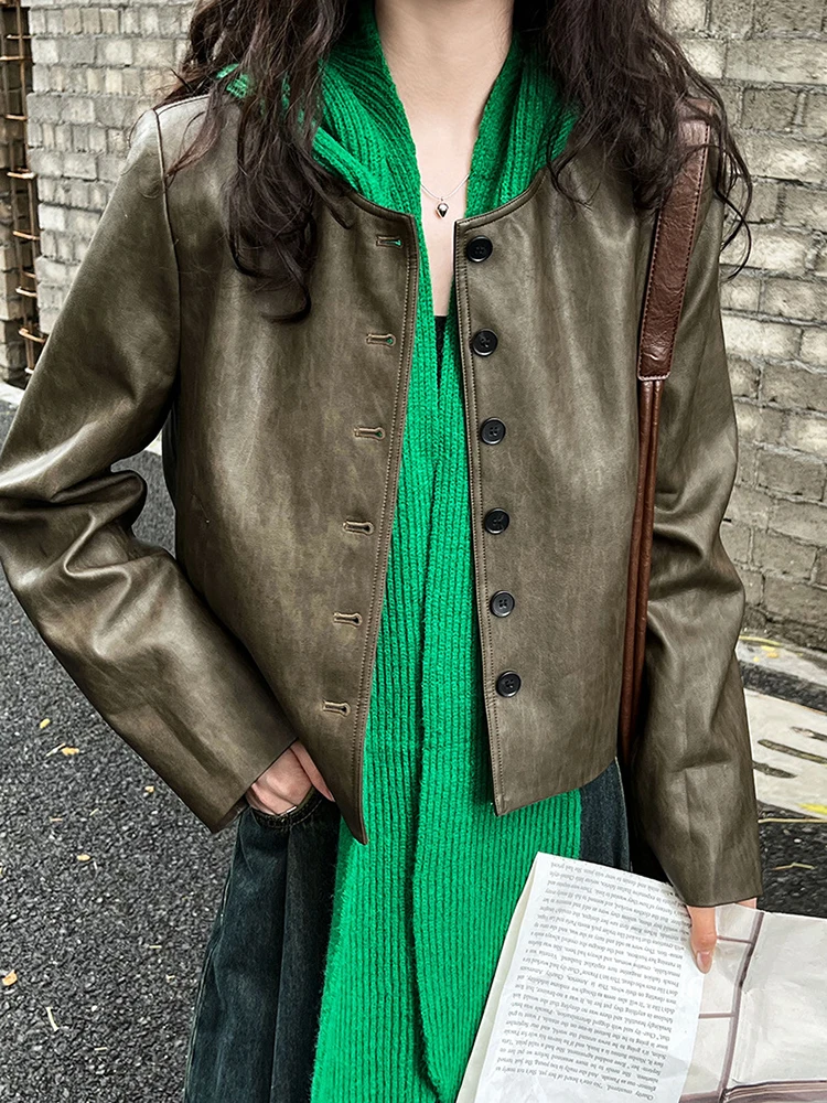 YERMORA Women Green PU Leather Button Vintage Short Jacket O-neck Long Sleeve Loose New Coat Fashion Tide Spring Autumn 2025