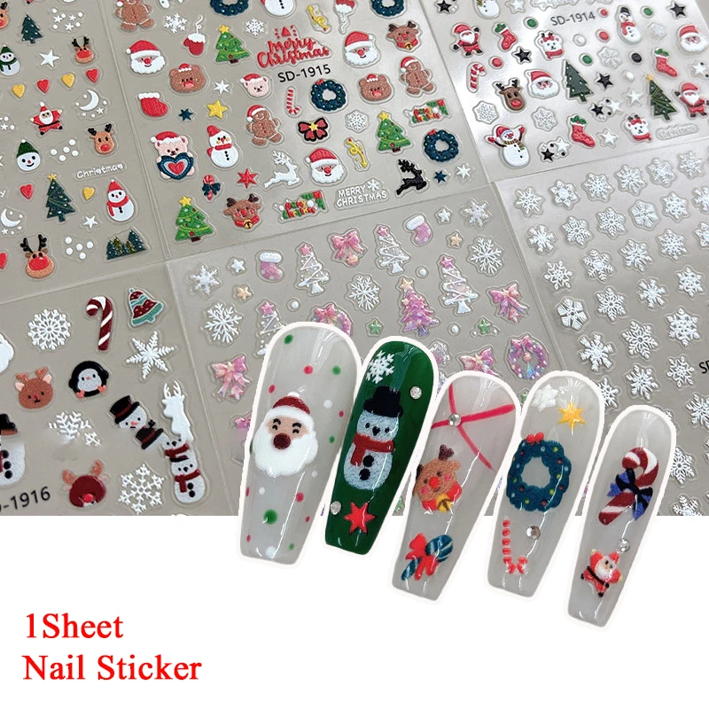 Pegatinas navideñas para uñas en relieve 3D, pegatinas para uñas de oso y copo de nieve de invierno para mujeres y niñas, pegatinas artísticas para uñas de Papá Noel