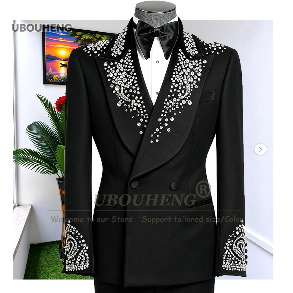 Luxury Beaded Stones Suits Men 2 Pieces Double Breasted Groom Prom Blazer Pants Customized Man Banquet Tuxedo Terno Masculinos