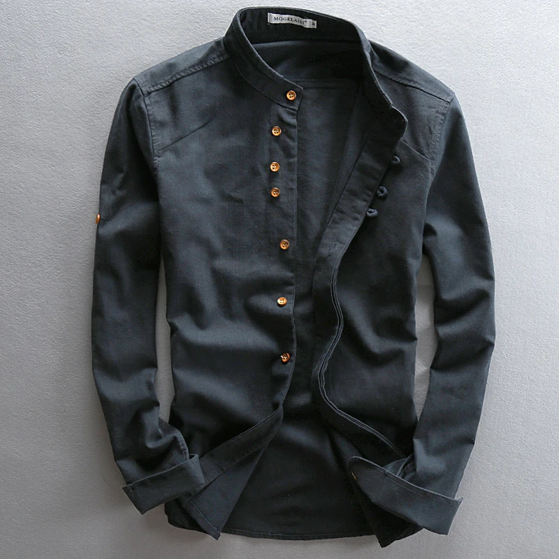 

Vintage Stand Collar Button-up Mens Shirts Cotton Linen Pure Color Breathable Shirt Long Sleeve Loose Shirt 2024 Spring Men Tops