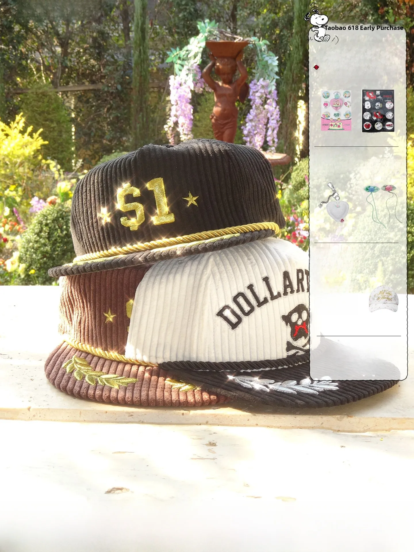 

1JINN STUDIO American Style Black White Contrast Color Corduroy Embroidery Baseball Cap Women's Streetwear Flat Brim Truck Hat