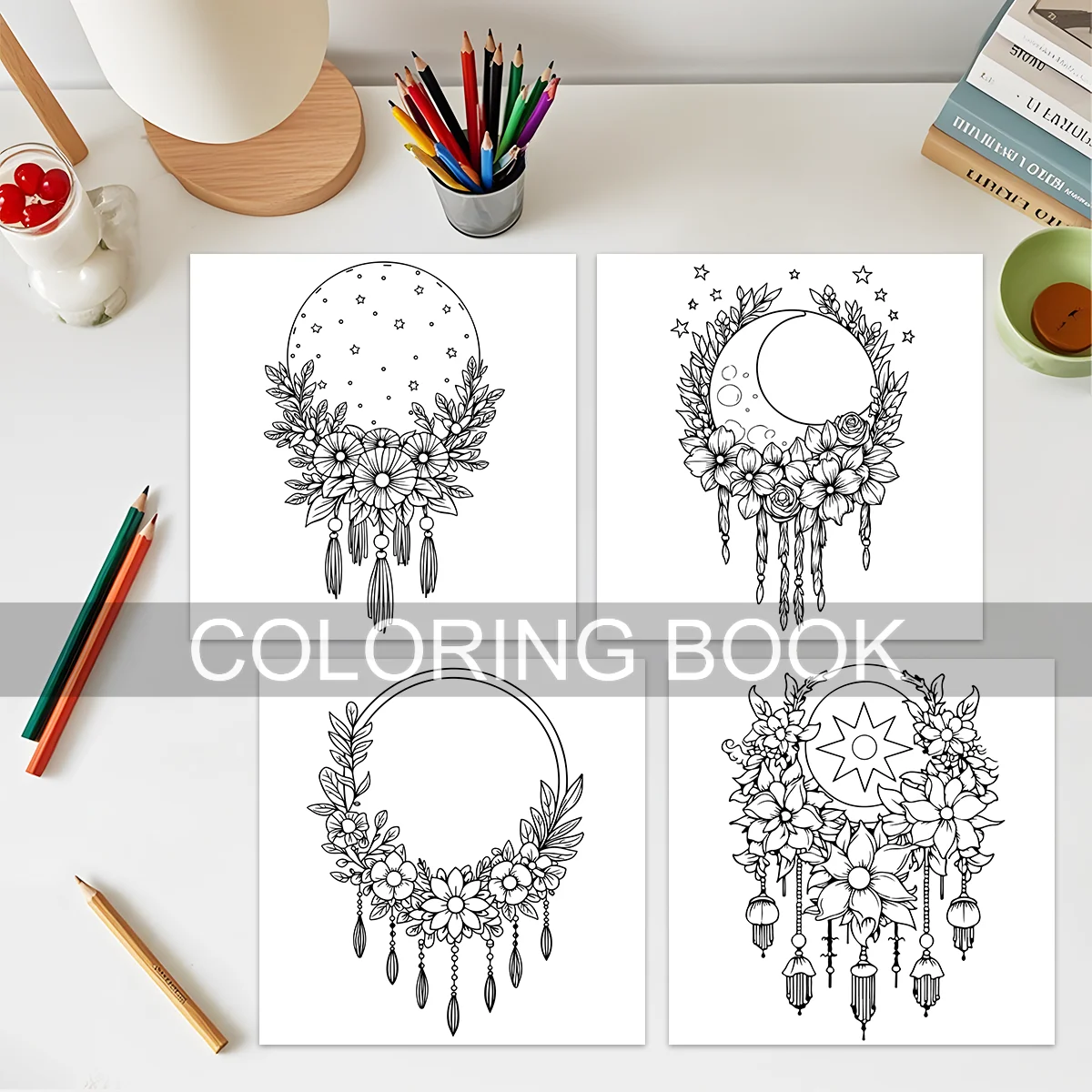 BOHO MOON Bold-Easyรูปแบบสมุดระบายสีสําหรับผู้ใหญ่สมุดวาดภาพน่ารักของขวัญภาพวาดที่สมบูรณ์แบบสําหรับงานปาร์ตี้และวันเกิด