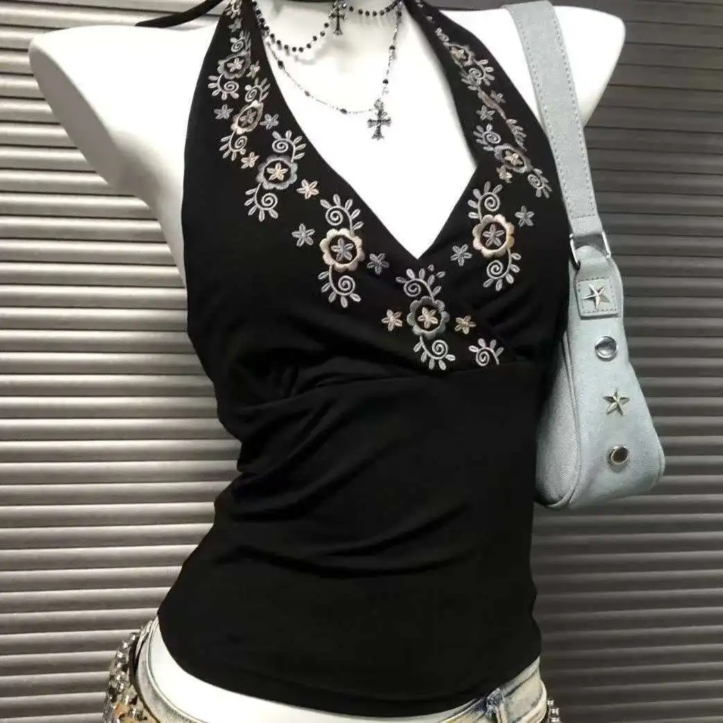

Punk V-Neck Sexy Lace Edge Halter Slim Backless Casual Solid Crop Tops Y2K Summer Fashion Streetwear Gothic Top