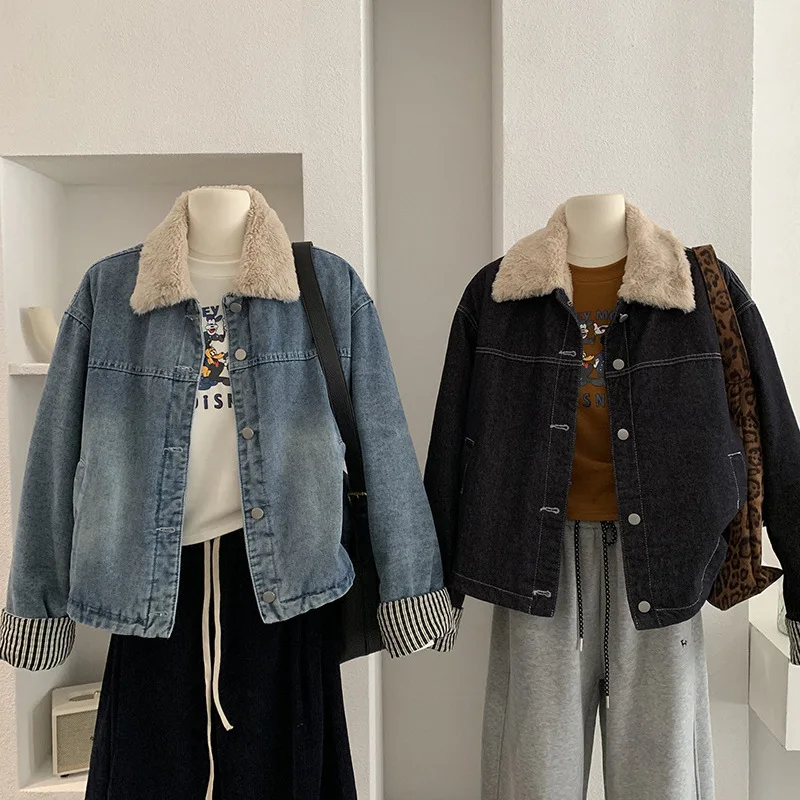 

Striped Cuffs Thickened Fur Lining Coat Single-breasted Long-sleeved Denim Jacket