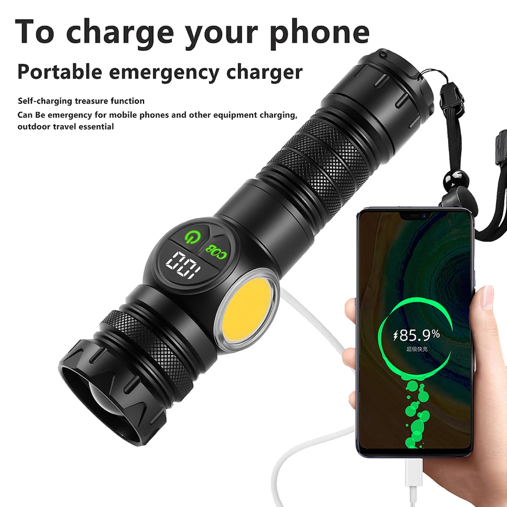 9 Modes Lantern High Power LED Flashlight With COB Side Light USB Rechargeable Zoom Lamp Long Range Spotlight Torch Camping