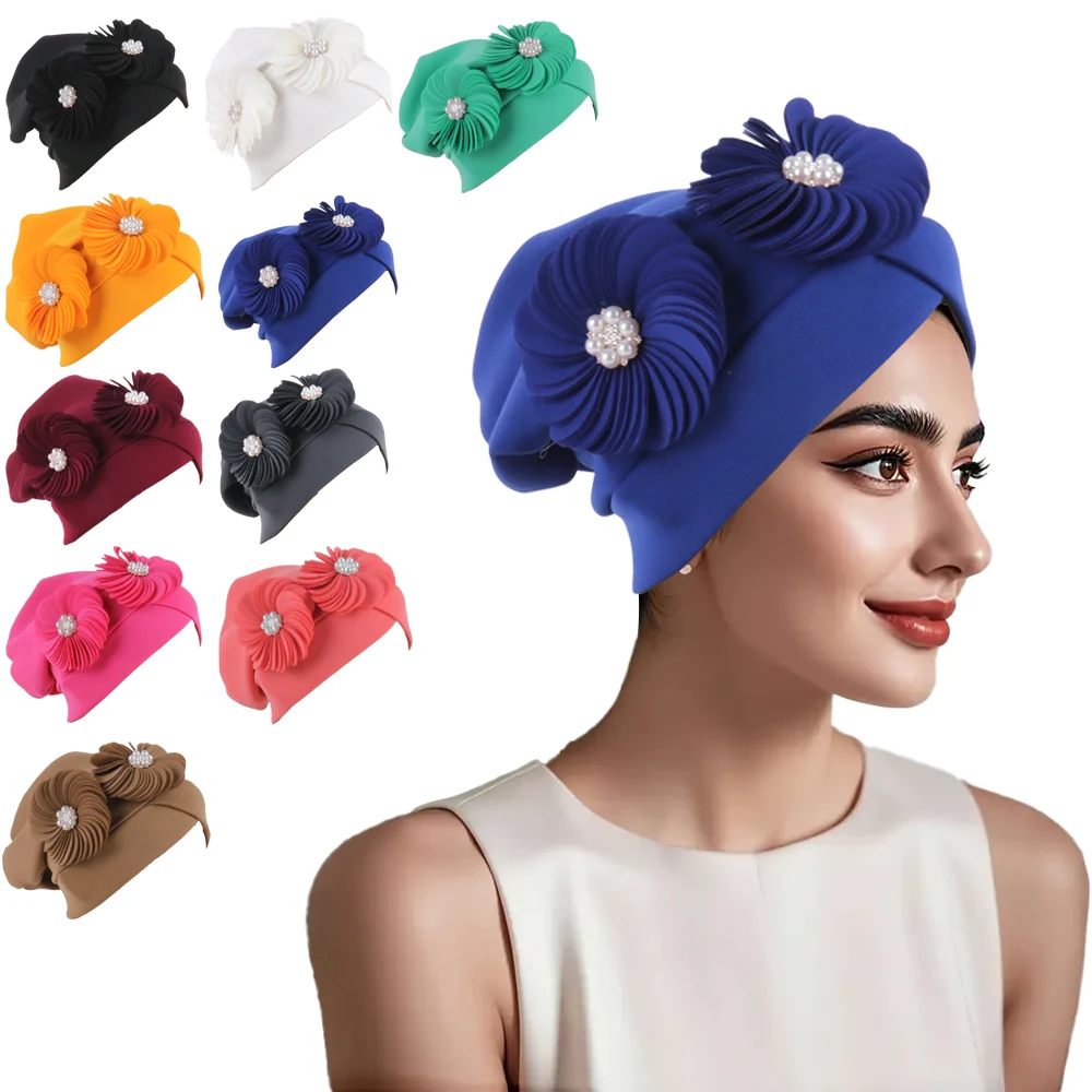 2025 New Flower Turban Cap for Women African Auto Gele Headties Muslim Hijab Bead Bonnet Headscarf Nigeria Wedding Cap Head Wrap