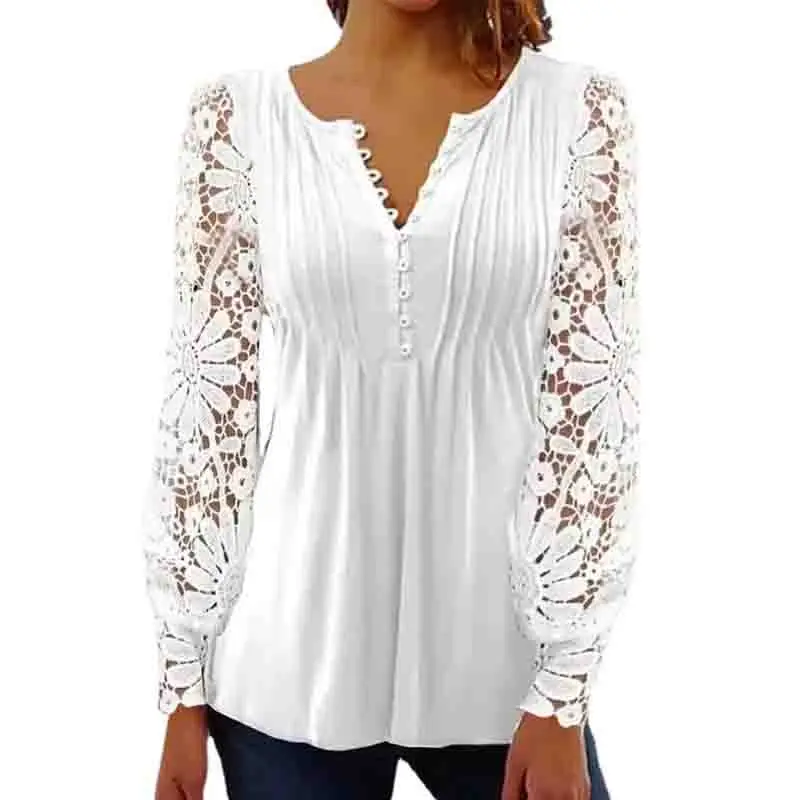 New Fashion V Neck Floral Women\'s Shirts with Lace Long Sleeve White Women Blouse Elegant Woman Tops Office Lady Clothes