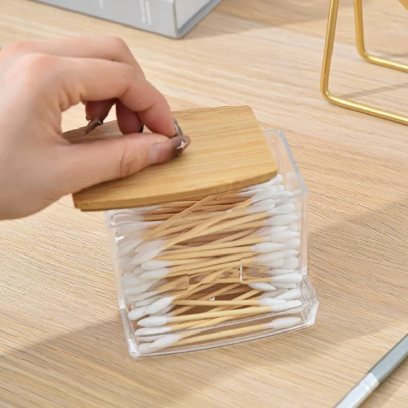 Baumwolle Tupfer Lagerung Box Doppel Kopf Holz Baby Baumwolle Tupfer Transparent Quadrat Bambus Abdeckung Baumwolle Knospen Zahnstocher Organizer – Detail 4