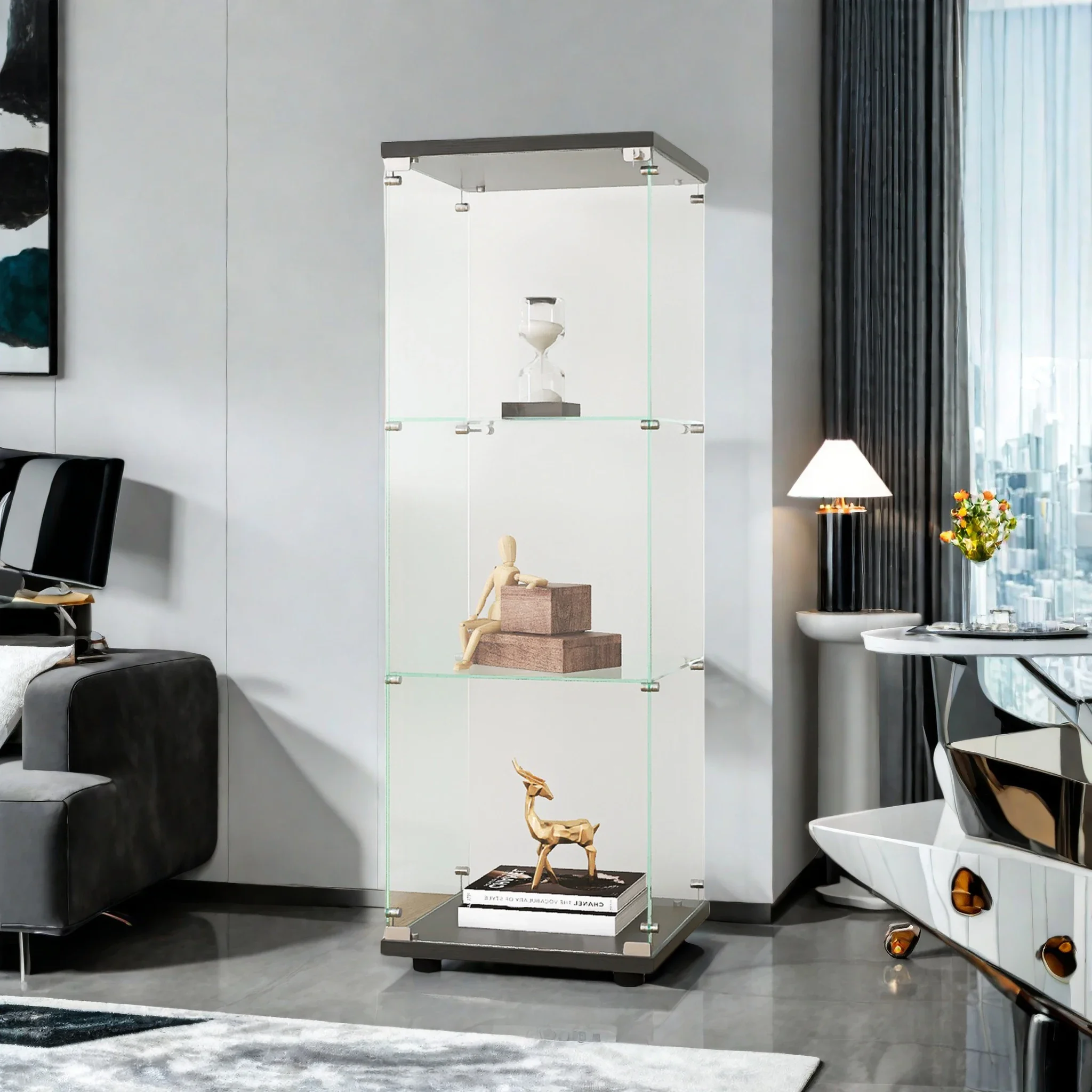 Rosahqnda Moderne Glasvitrine, 3-lagige Regale, Vitrine Transparente mit einer Tür Dokument Zuhause, Büro, Geschäft
