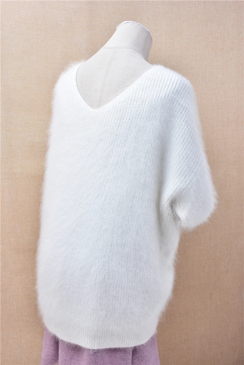 Dames femmes automne hiver mode blanc attaché poilu vison cachemire tricoté col en v manches longues ample Long Pull Pull Pull