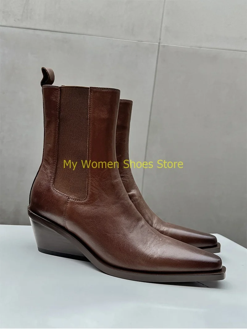 Middle Heel Wedges Ankle Booties Small Square Toe Brown Black Cow Leather Slip On Real Picture Handmade Runway Women Shoes