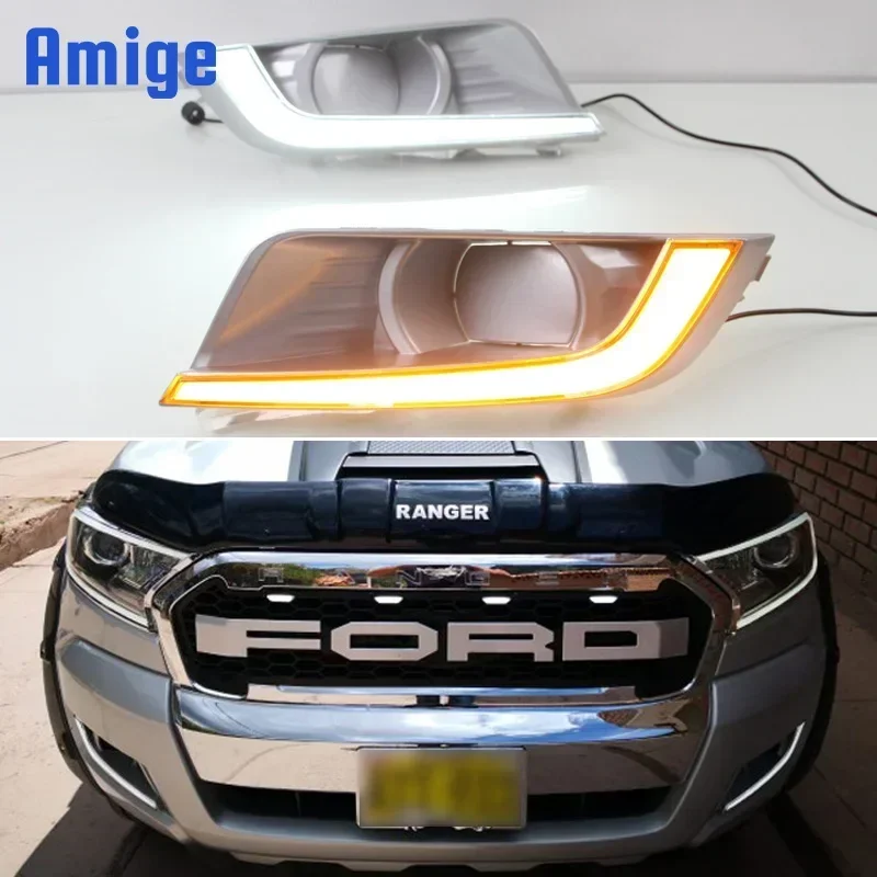 LED Daytime Running Light For Ford Ranger T7 2015 - 2018 Waterproof 12V Yellow Turn Signal Indicator Light Bumper Lamp LED DRL