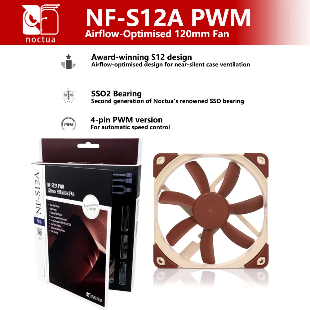 

Noctua NF-S12A ШИМ-Оминизированный поток воздуха 120x120x25 мм Дизайн вентилятора для ближней бесшумной вентиляции корпуса Подшипник SSO2 4-контактная версия ШИМ