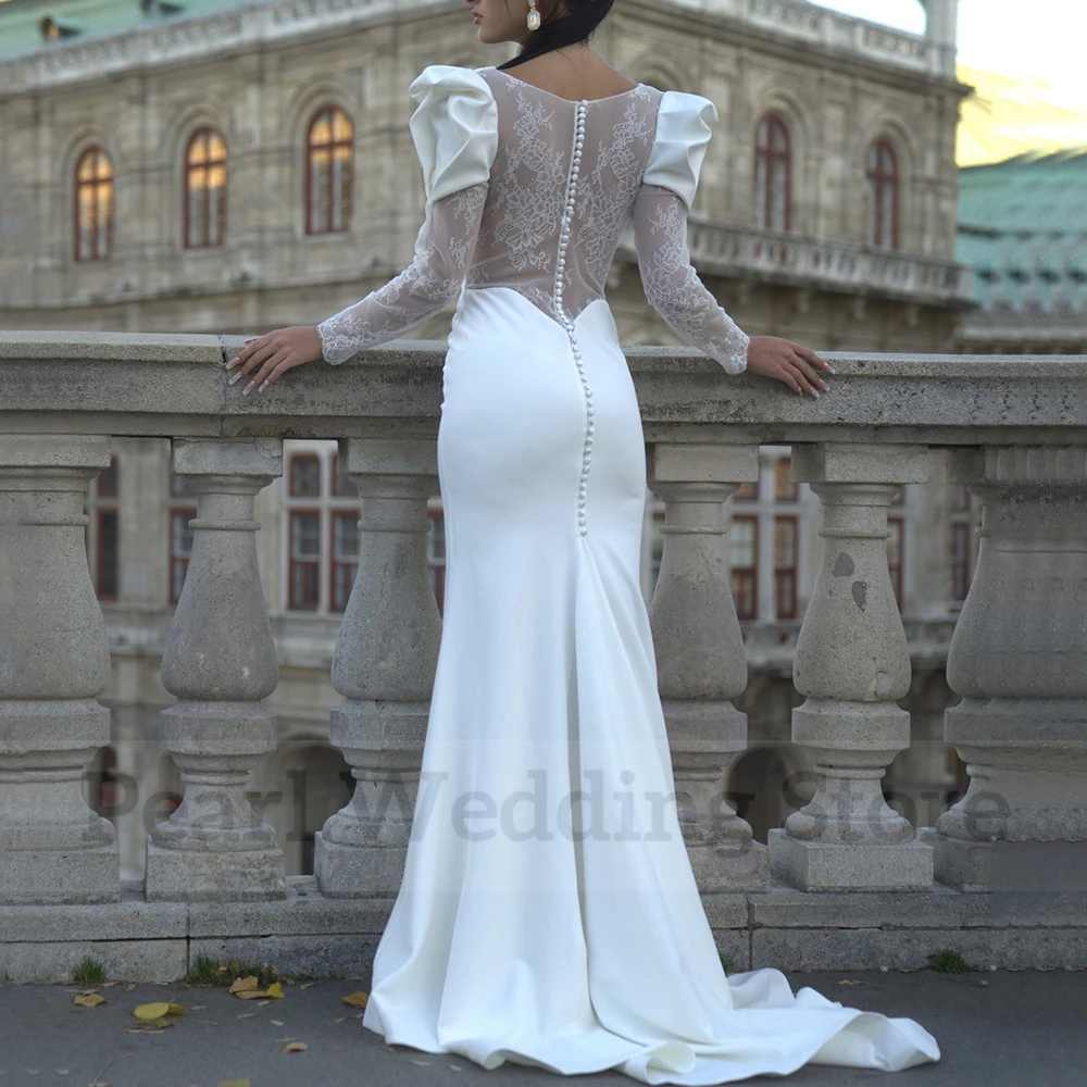 Chic Lace Long Sleeves Mermaid Wedding Dress V-Neck and Illusion Back with Buttons Bridal Floor Length Sheath Marriage Gowns